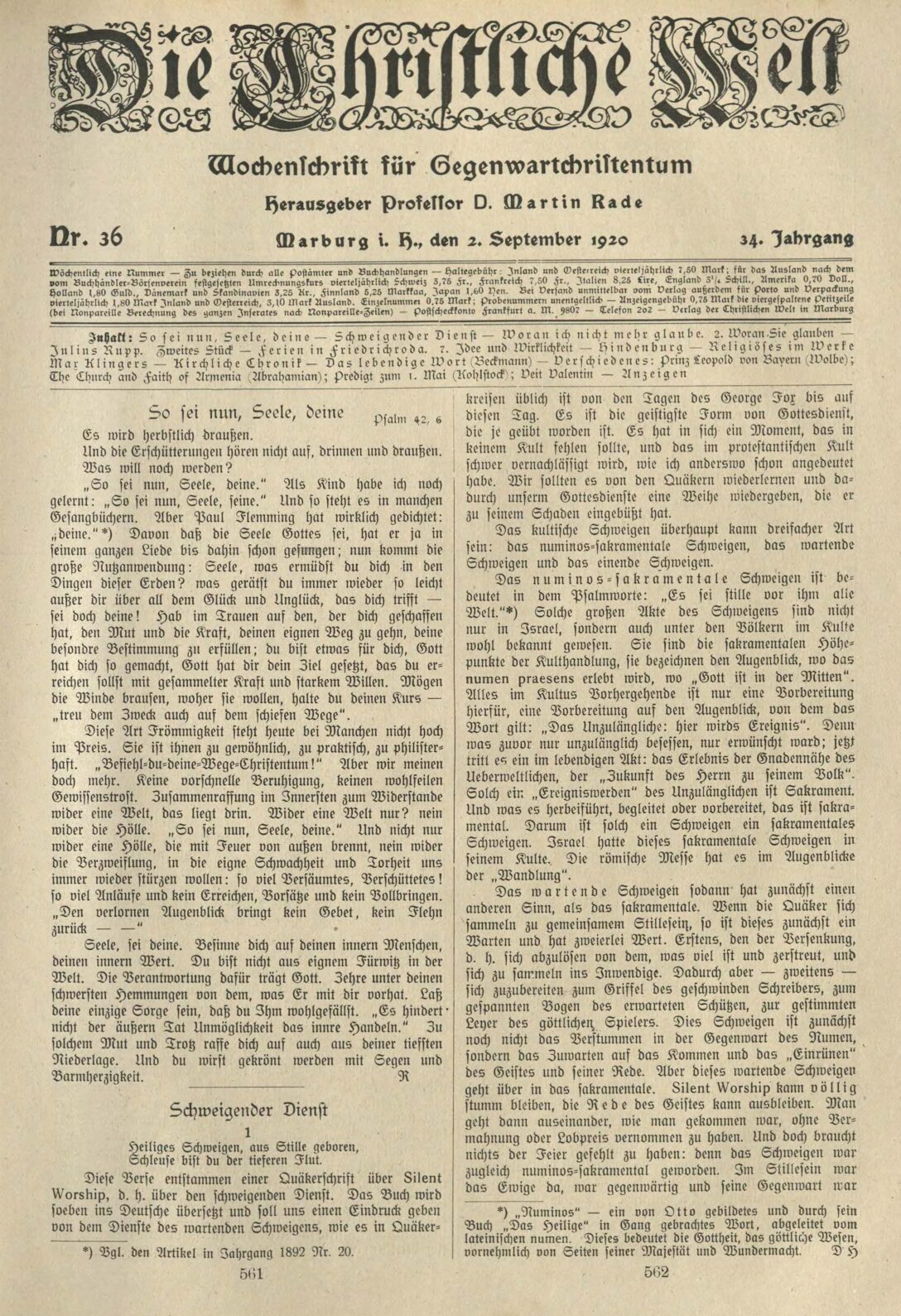 Die christliche Welt 1920 (Band 34, Heft 36)